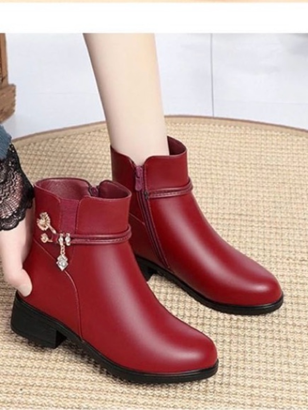 NWOB Orthopedic Genuine Leather and Faux Fur Lined Ankle Boots, Burgundy, Sz 8